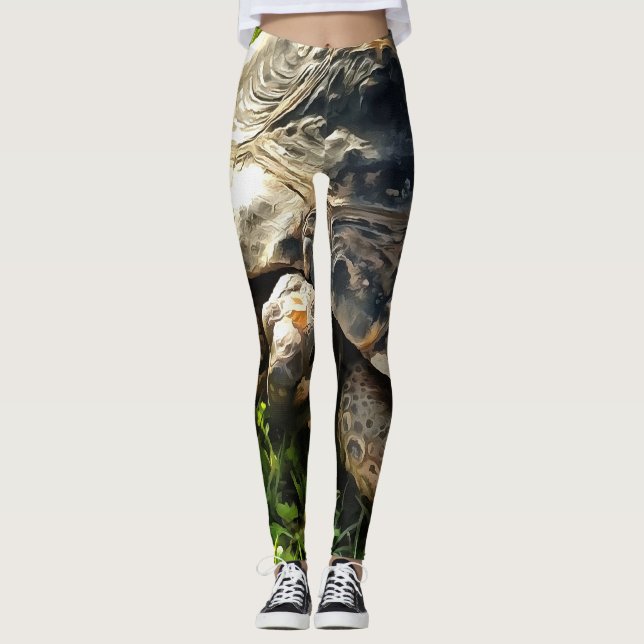 Wild Tortoise In Grass Meadow Wildlife Art Leggings (Front)