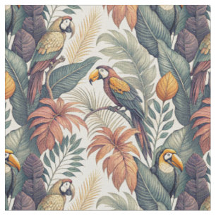 Wild Toucans - Exotic Tropical Birds Leaf Pattern Fabric