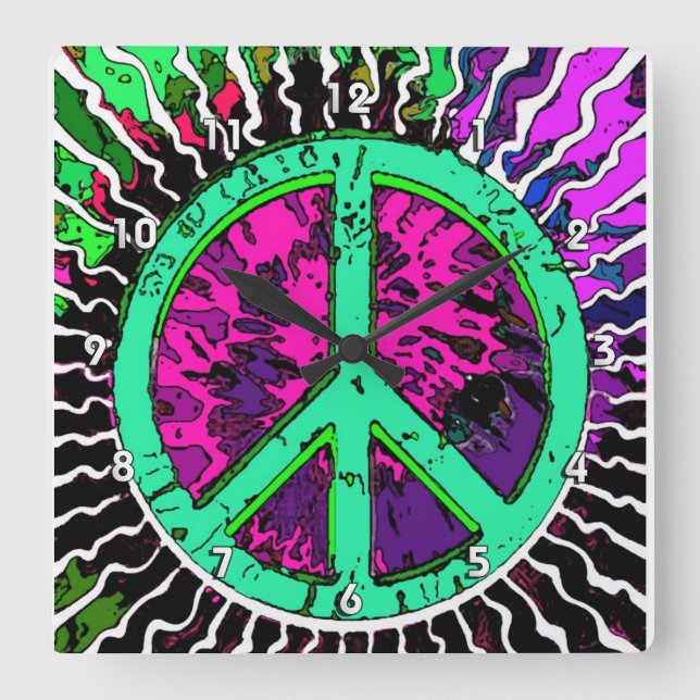 Wild Trippy Hippie Peace Sign Square Wall Clock (Front)