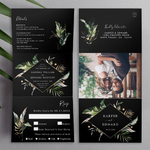Wild Tropical Foliage Black Wedding All In One Tri-Fold Invitation