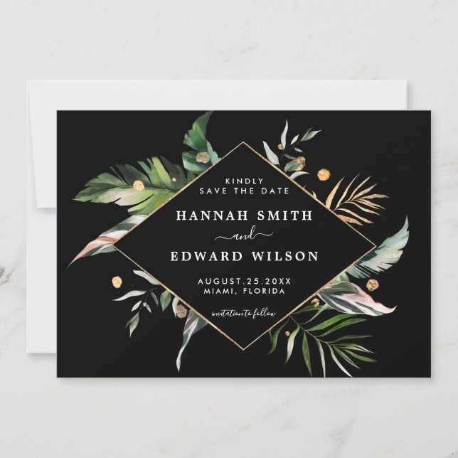 Wild Tropical Foliage Black Wedding Photo Save The Date (Front)