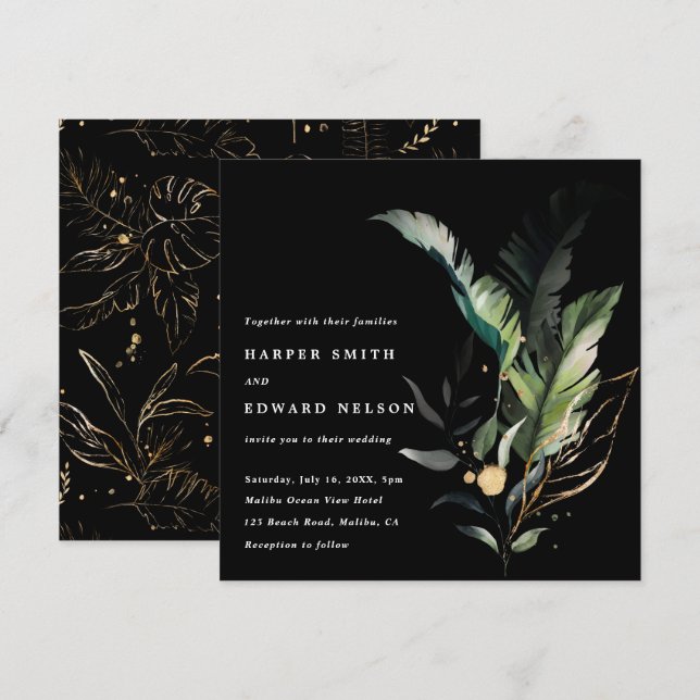 Wild Tropical Foliage Black Wedding Square Invitation (Front/Back)