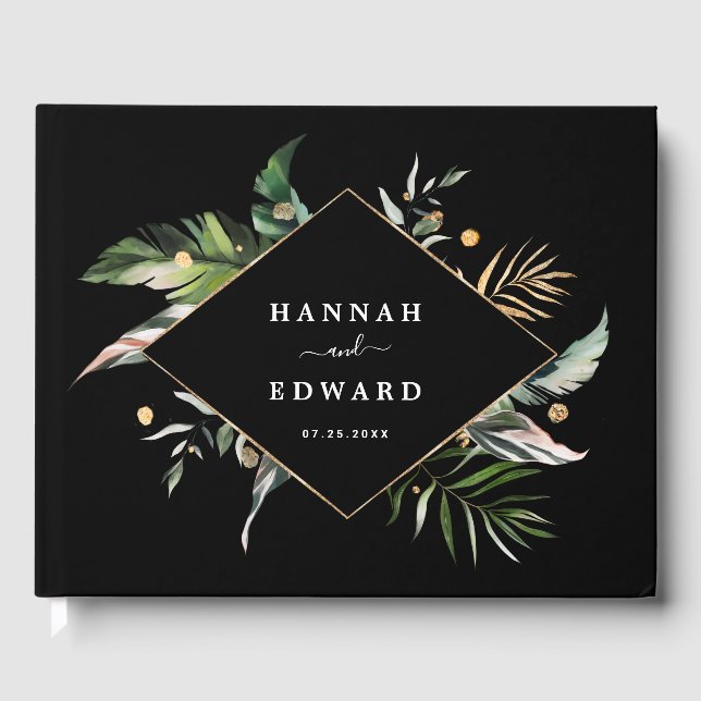 Wild Tropical Foliage Wedding Black Guest Book (Front)