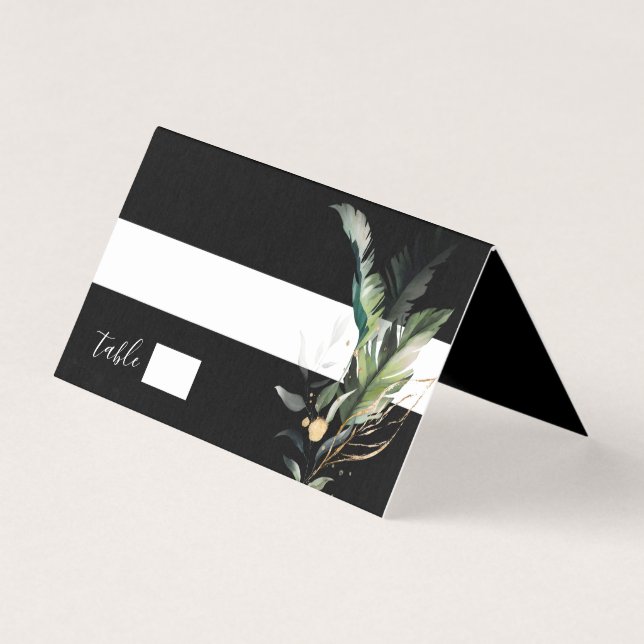 Wild Tropical Foliage Wedding Black Place Card (Front)