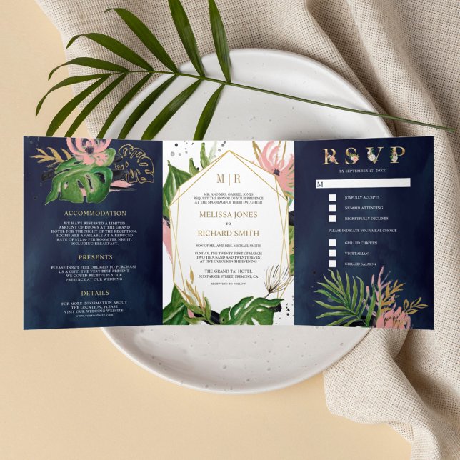Wild Tropical Gold Blush Pink Floral Navy Wedding Tri-Fold Invitation (Creator Uploaded)