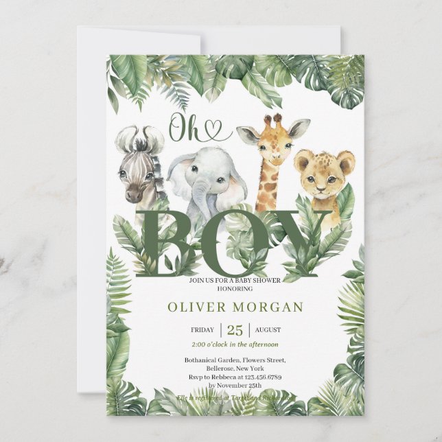 Wild tropical greenery leaves cute safari animals  invitation (Front)