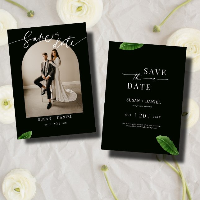 Wild Tropical Leaves & Modern Wedding Arch Photo Save The Date (Creator Uploaded)