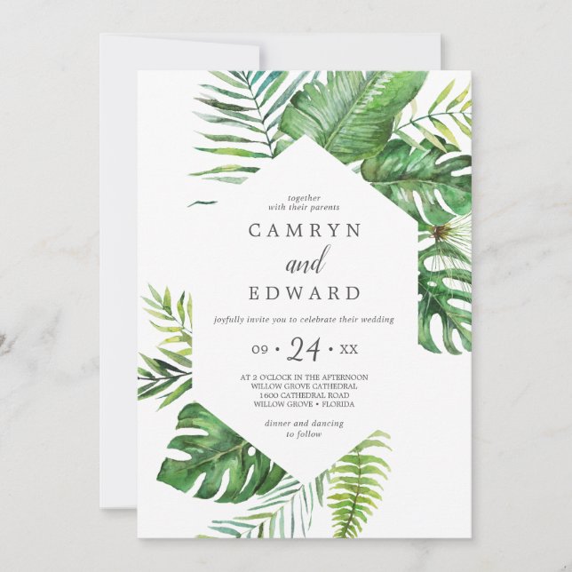 Wild Tropical Palm All In One Wedding Invitation (Front)