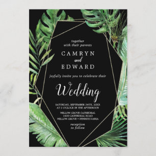 Wild Tropical Palm   Black Geometric Wedding Invitation