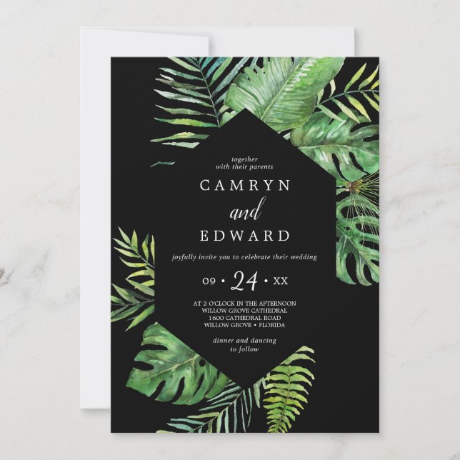 Wild Tropical Palm | Black Hexagon Casual Wedding Invitation (Front)