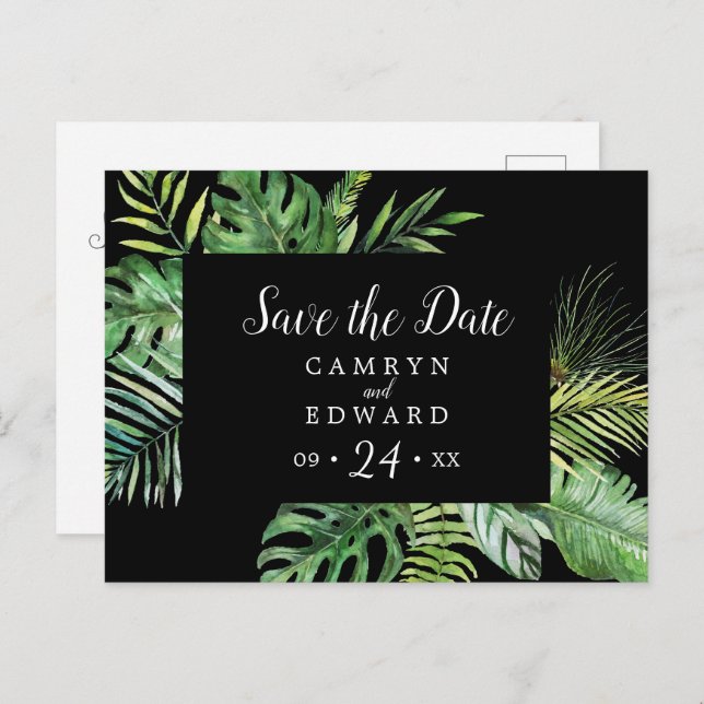 Wild Tropical Palm | Black Save the Date Postcard (Front/Back)