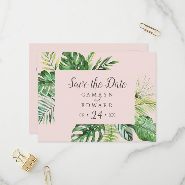 Wild Tropical Palm | Blush Save the Date Postcard (Front/Back In Situ)