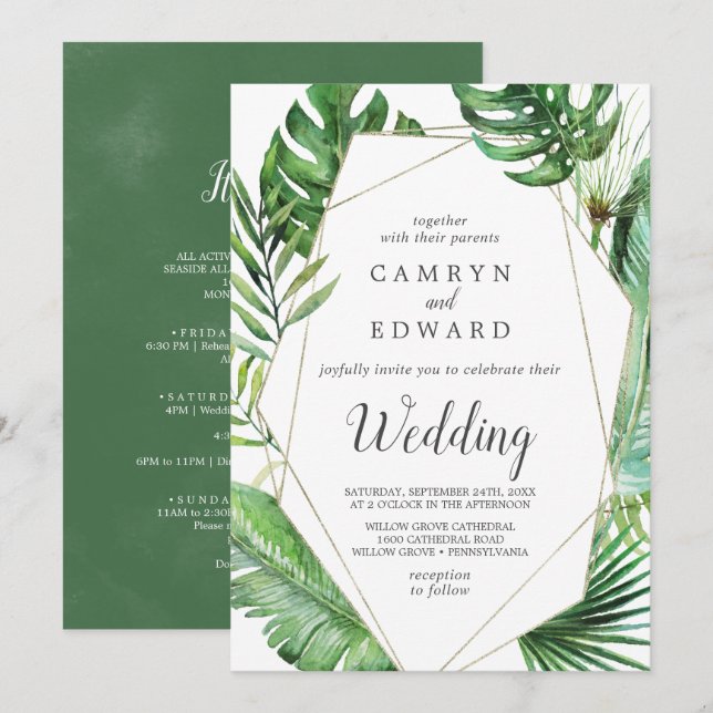Wild Tropical Palm Geometric Itinerary and Wedding Invitation (Front/Back)
