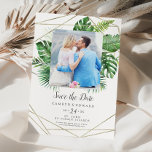 Wild Tropical Palm Geometric Photo Save the Date<br><div class="desc">This wild tropical palm geometric photo save the date card is perfect for a beach or destination wedding. The design features an exotic array of green watercolor banana palm tree leaves, ferns, foliage, botanical plants and greenery for a tropical summer feel. Personalize with your engagement photo, names, wedding date, and...</div>