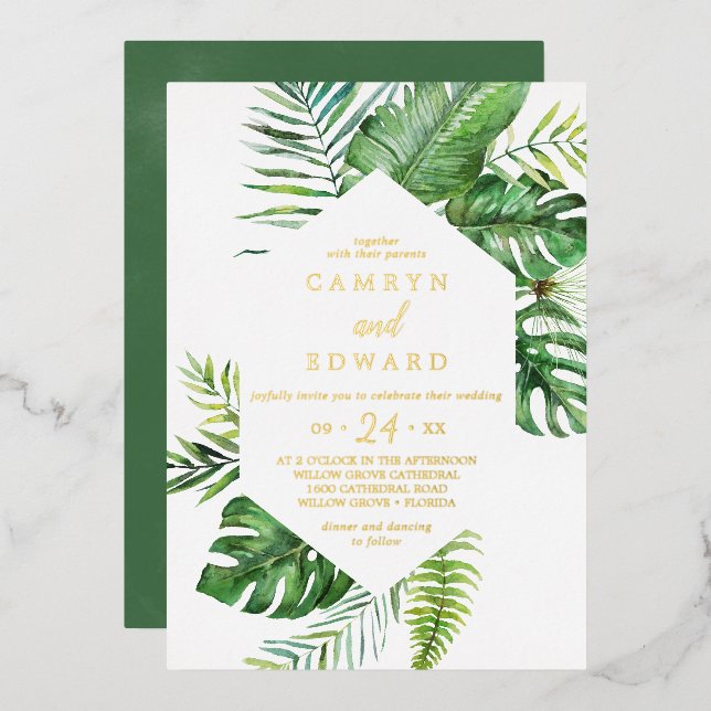 Wild Tropical Palm | Gold Foil Hexagon Wedding (Front/Back)