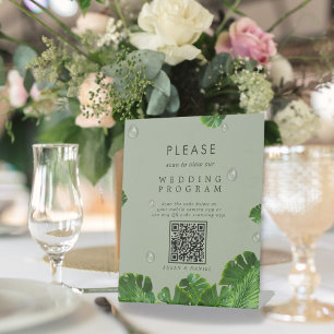 Wild Tropical Palm Leaves QR Code Wedding Program Pedestal Sign