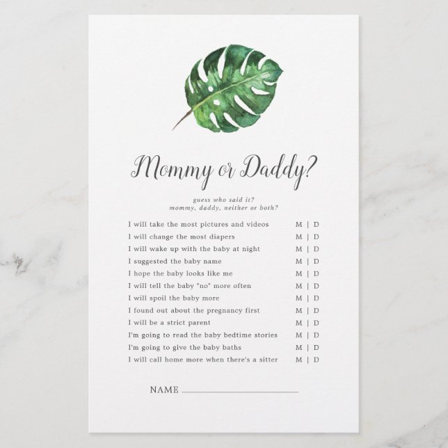 Wild Tropical Palm Mommy or Daddy Game (Front)
