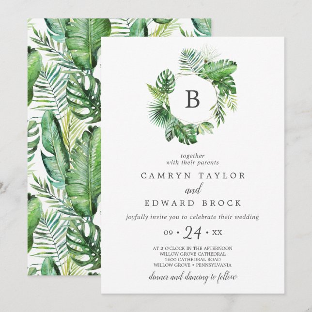 Wild Tropical Palm Monogram Wedding Invitation (Front/Back)