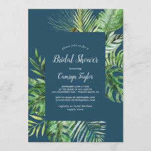 Wild Tropical Palm   Navy Blue Bridal Shower Invitation