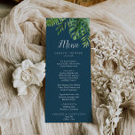 Wild Tropical Palm | Navy Blue Wedding Dinner Menu<br><div class="desc">This wild tropical palm navy blue wedding dinner menu card is perfect for a beach or destination wedding. The design features an exotic array of green watercolor banana palm tree leaves, ferns, foliage, botanical plants and greenery on a navy blue background for a tropical summer feel. This menu can be...</div>