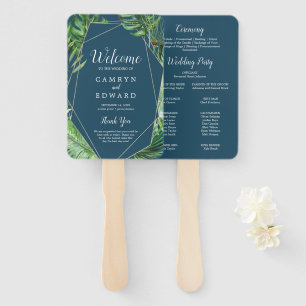 Wild Tropical Palm   Navy Blue Wedding Program Fan