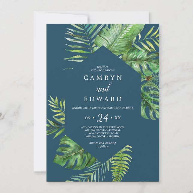 Wild Tropical Palm | Navy Hexagon Casual Wedding Invitation (Front)