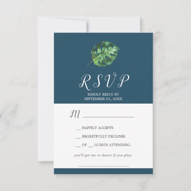 Wild Tropical Palm | Navy Song Request RSVP Card (Front)
