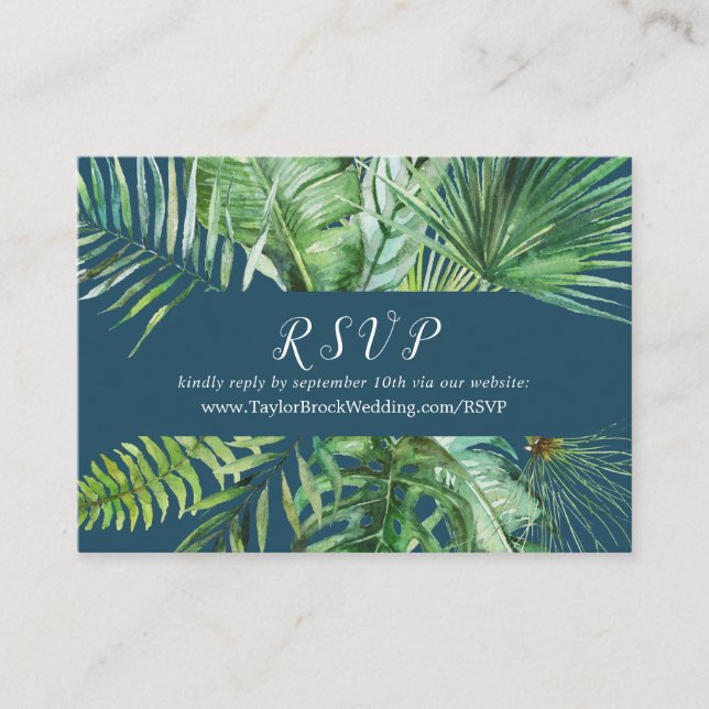 Wild Tropical Palm | Navy Wedding Website RSVP Enclosure Card (Front)