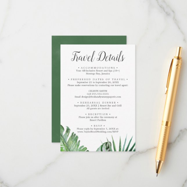 Wild Tropical Palm Travel Details Enclosure Card (Front/Back In Situ)