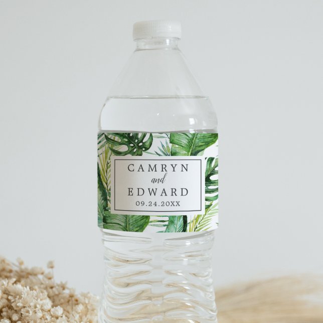 Wild Tropical Palm Wedding Water Bottle Label (Creator Uploaded)