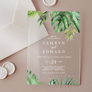 Wild Tropical Palm White Beach Destination Wedding Acrylic Invitations