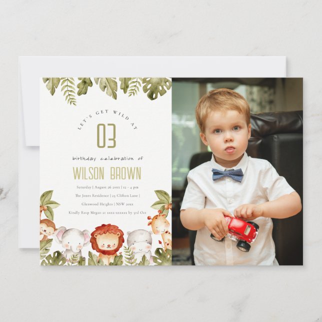 Wild Tropical Safari Animals Kids Photo Birthday Invitation (Front)