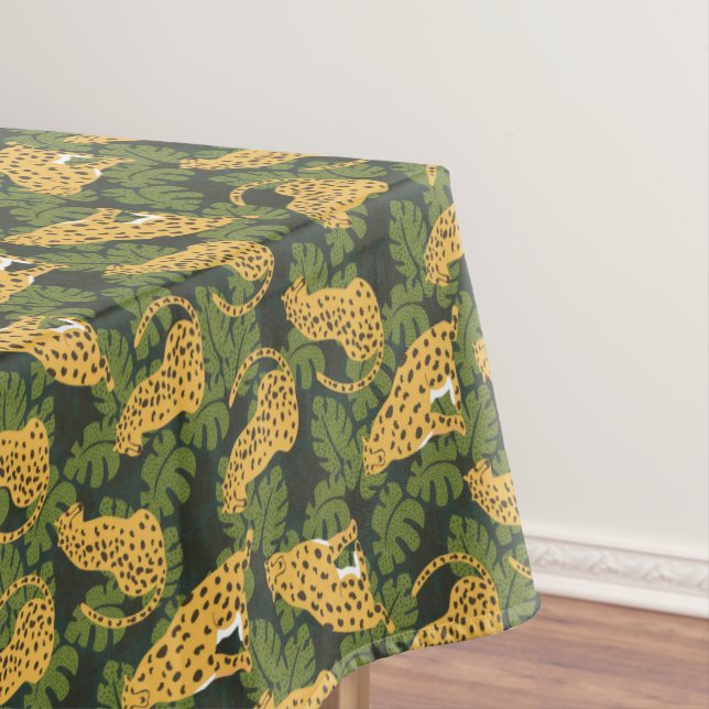 Wild Tropical Safari Leopard Jungle Palms Tablecloth (In Situ)