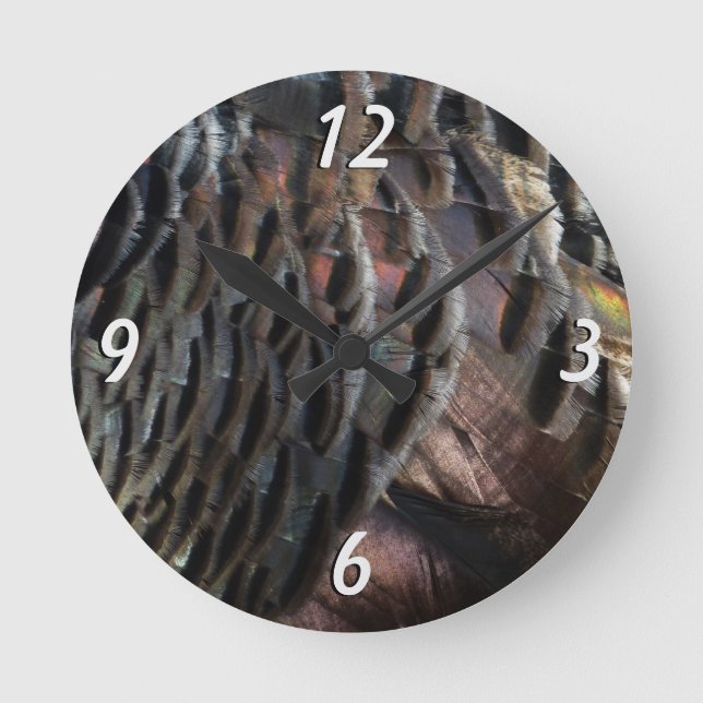 Wild Turkey Feathers I Abstract Nature Design Round Clock (Front)