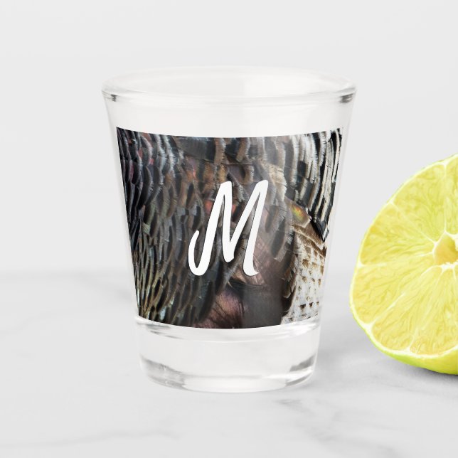 Wild Turkey Feathers I Abstract Nature Design Shot Glass (Front)