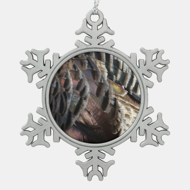 Wild Turkey Feathers I Abstract Nature Design Snowflake Pewter Christmas Ornament (Front)