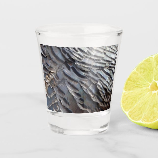 Wild Turkey Feathers II Abstract Nature Design Shot Glass (Front)