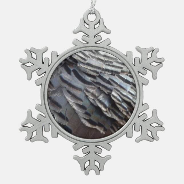 Wild Turkey Feathers II Abstract Nature Design Snowflake Pewter Christmas Ornament (Front)