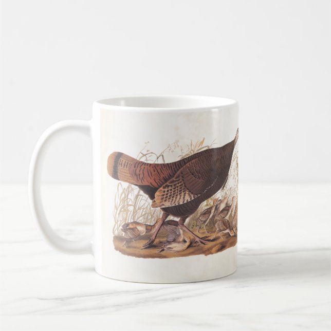 Wild Turkey Hen and Chicks Audubon Bookplate  Coffee Mug (Left)