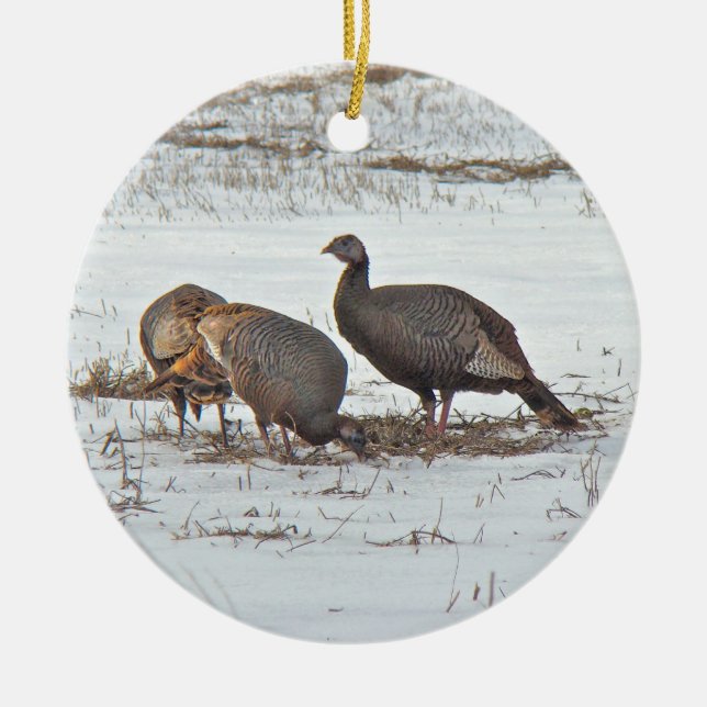 Wild Turkey in Snowy Field Ceramic Ornament (Front)