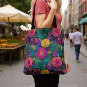 Wild Vibrant Floral Blooms and Feathers Tote Bag