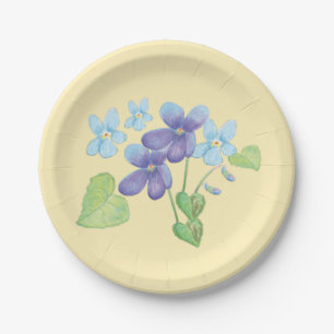 Wild Violet Flowers Illustration Light Blue Paper Plate