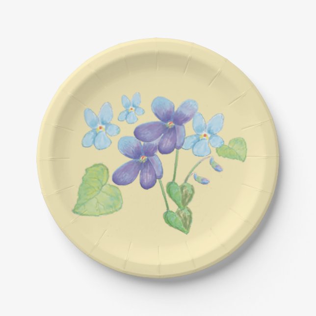Wild Violet Flowers Illustration Light Blue Paper  Plate (Front)