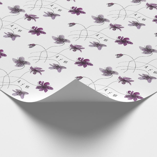 Wild Violets Watercolor Hand-painted Monogrammed Wrapping Paper (Corner)
