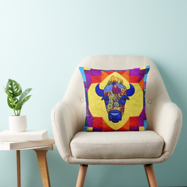 Wild West Bison Quilt Like Design Throw Pillow (Chair)
