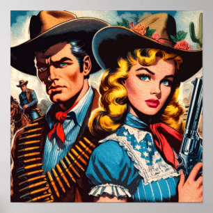 Wild West Couple Retro Comics Poster