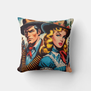 Wild West Couple Retro Comics Throw Pillow