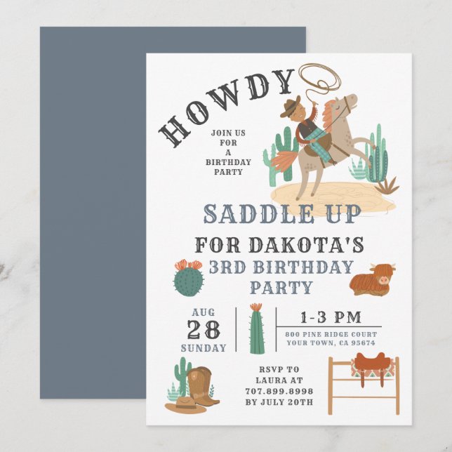 Wild West Cowboy Boy Invitation 3e anniversaire (Devant / Derrière)