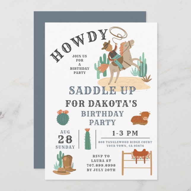 Wild West Cowboy Boy Invitation d'anniversaire (Devant / Derrière)
