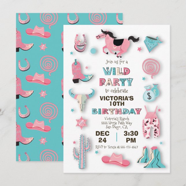 Wild West Cowboy Invitation de fête d'anniversaire (Devant / Derrière)